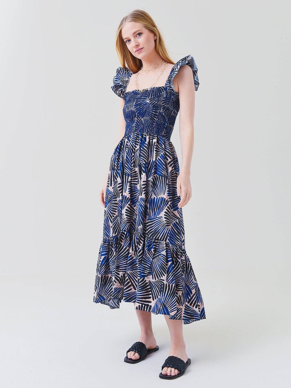 Cara Cara Ruby Smocked Midi Dress Palm Stripes Navy Cotton Ruffle Tiered, Small